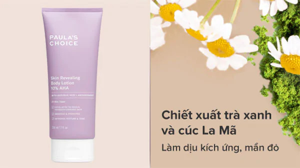 alt text: Chai tẩy tế bào chết body 10% AHA của Paula's Choice, sản phẩm chứa chiết xuất cúc La Mã và trà xanh