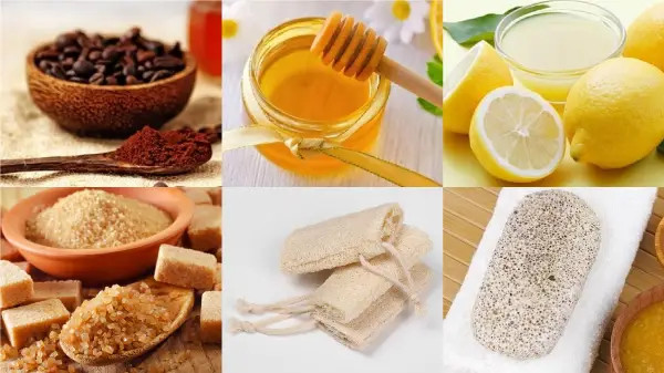 alt text: Một số dạng tẩy da chết vật lý thường được áp dụng